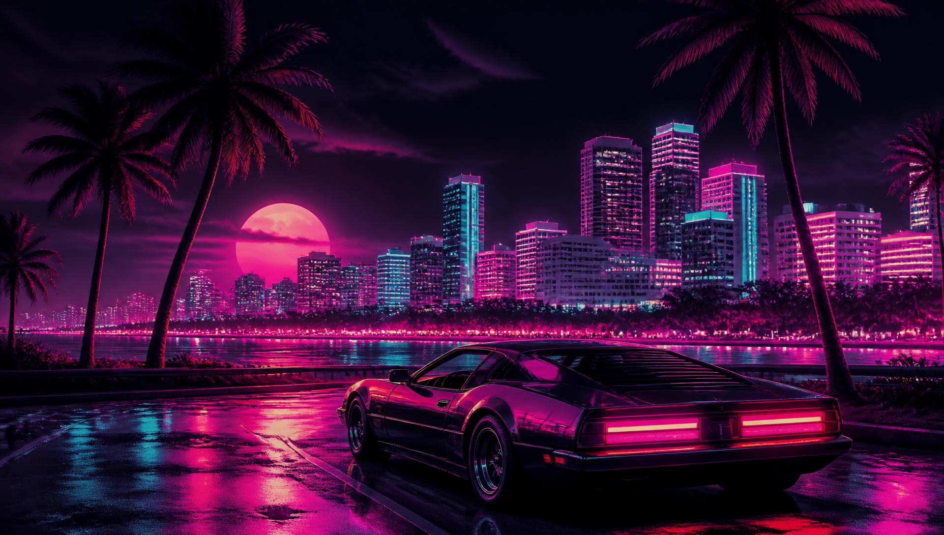 Skyline neon de Vice City à noite com carro esportivo